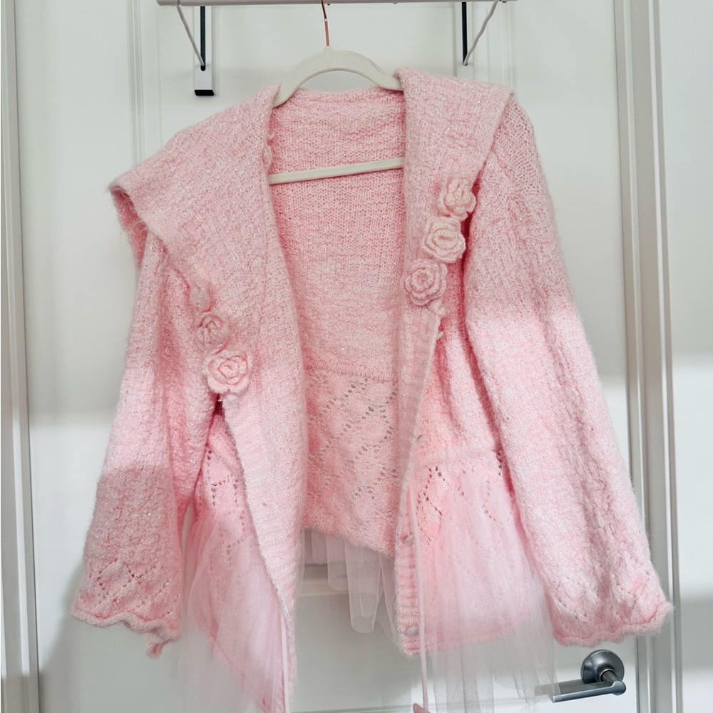 Pink Knit Cardigan with Floral Accents